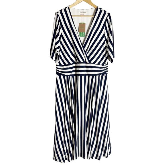 Boden Ponte Panelled French Navy Ivory Striped V-Neck Short Sleeve Tea Dress 20 - Picture 1 of 13